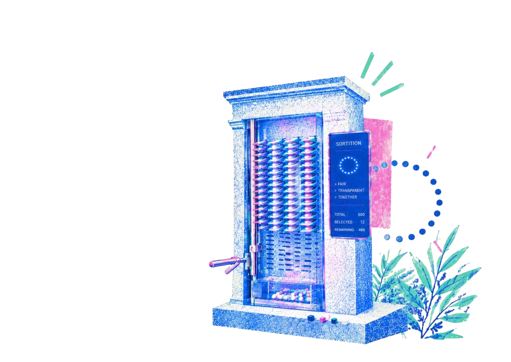 Illustration of a kleroterion, the ancient Athenian sortition machine, with a SORTITION screen