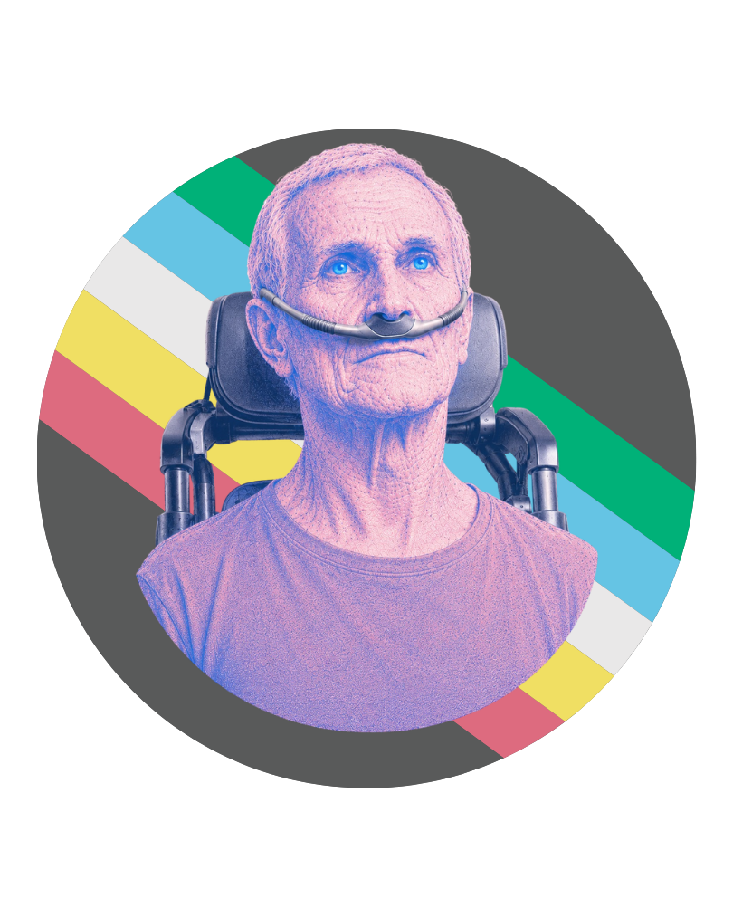 Stylized duotone portrait of Adolf Ratzka, an older man seated in a power wheelchair with a futuristic headrest and cannula, his eyes rendered with a glowing blue effect reminiscent of the sci-fi film Dune, set against a blue quarter-circle graphic
