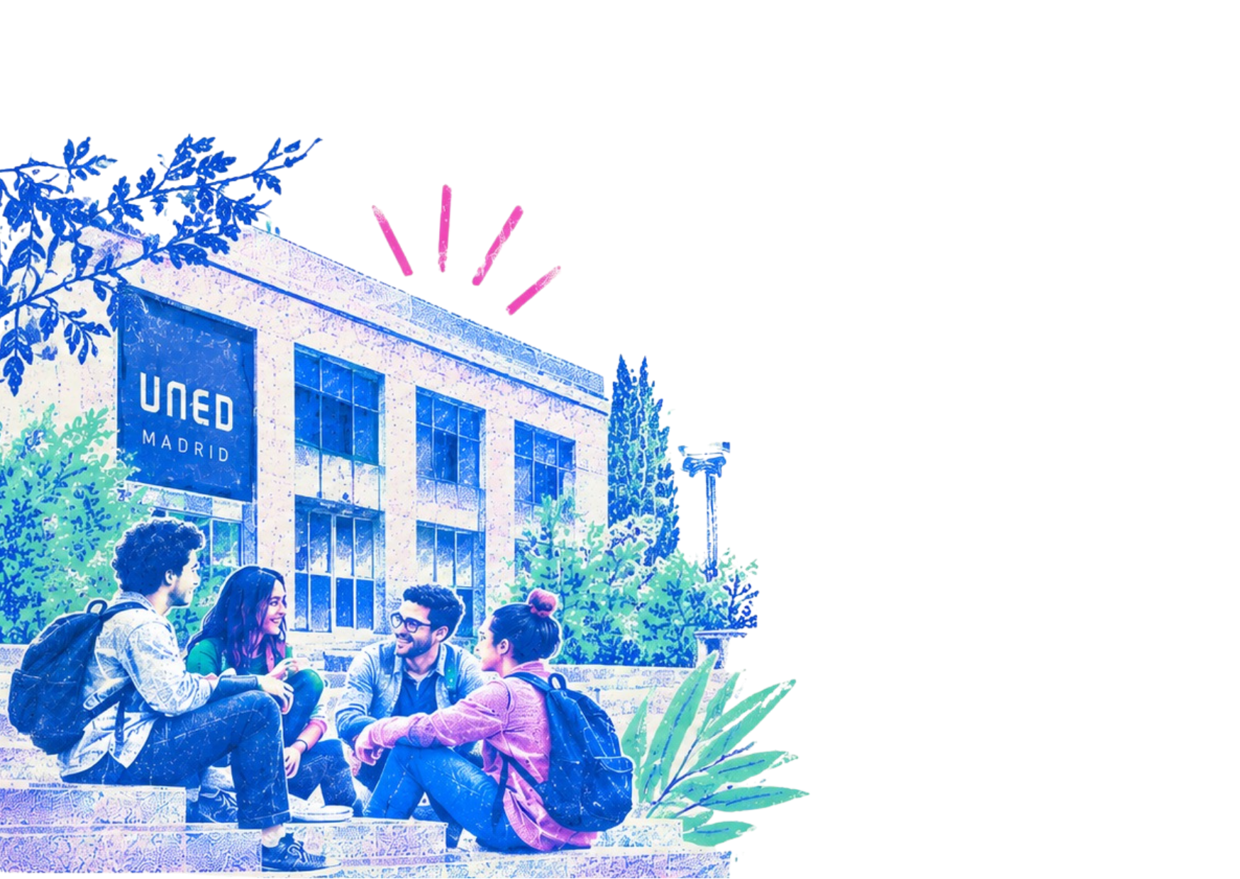 Students sitting and talking on the steps outside UNED Madrid